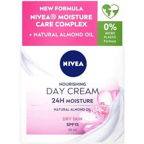 Nivea Moisture Day Cream 24h for Dry Skin with Almond Oil spf15 Πλούσια Κρέμα Ημέρας 24ωρης Εντατικής Ενυδάτωσης με Αμυγδαλέλαιο Μεσαίας Προστασίας 50ml